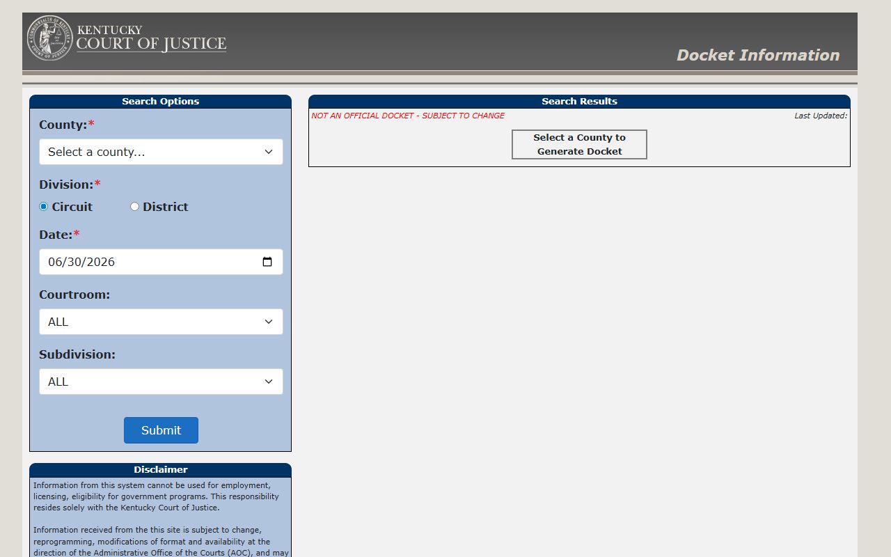 Kentucky Court of Justice docket search for court calendars