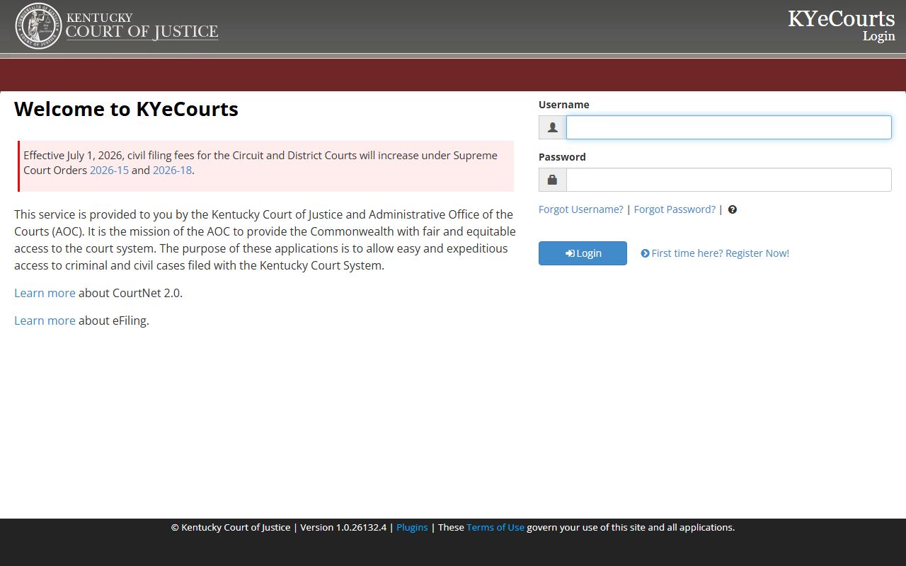 KYeCourts subscriber access for Kentucky court case information