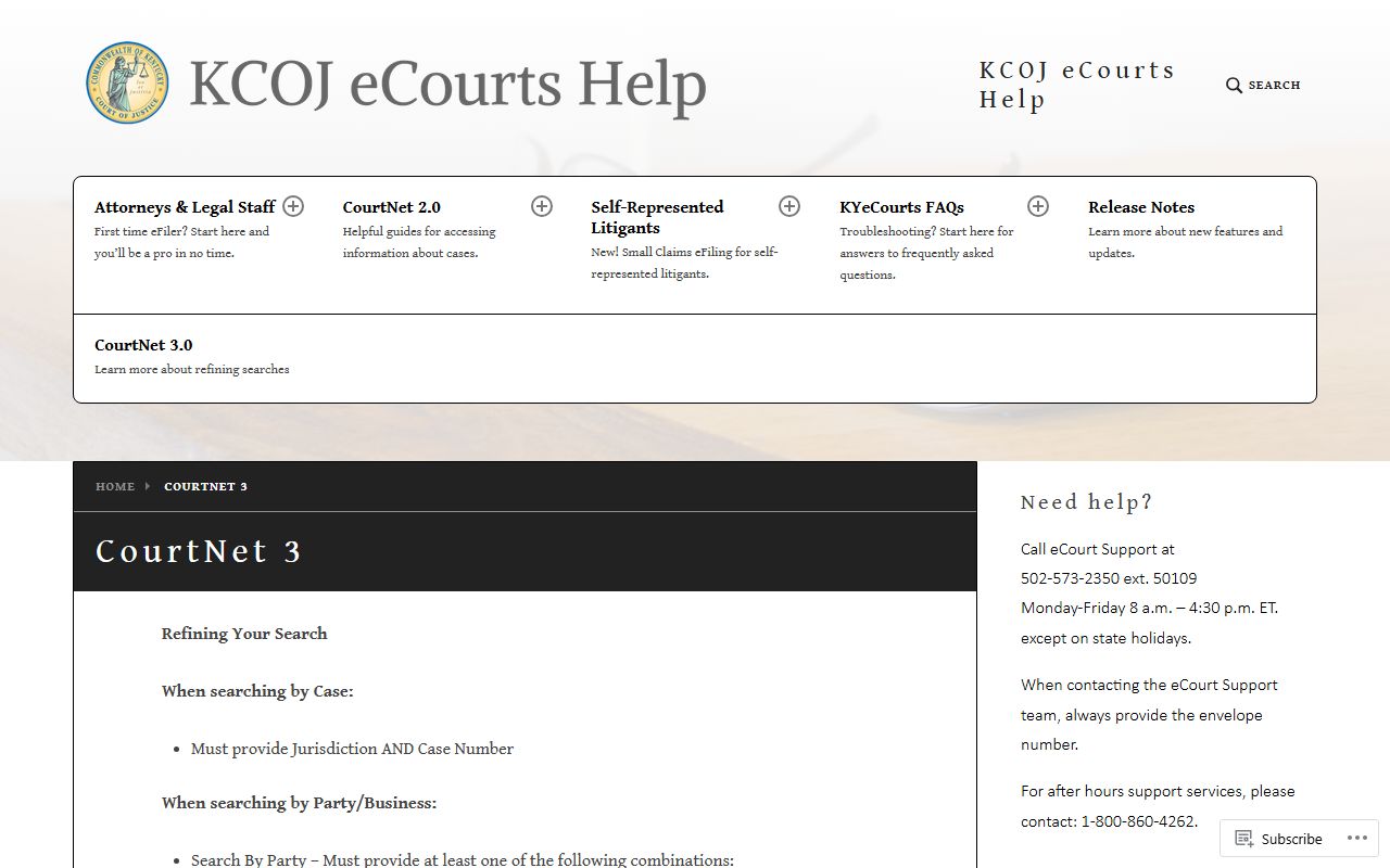 CourtNet search options for Kentucky court records