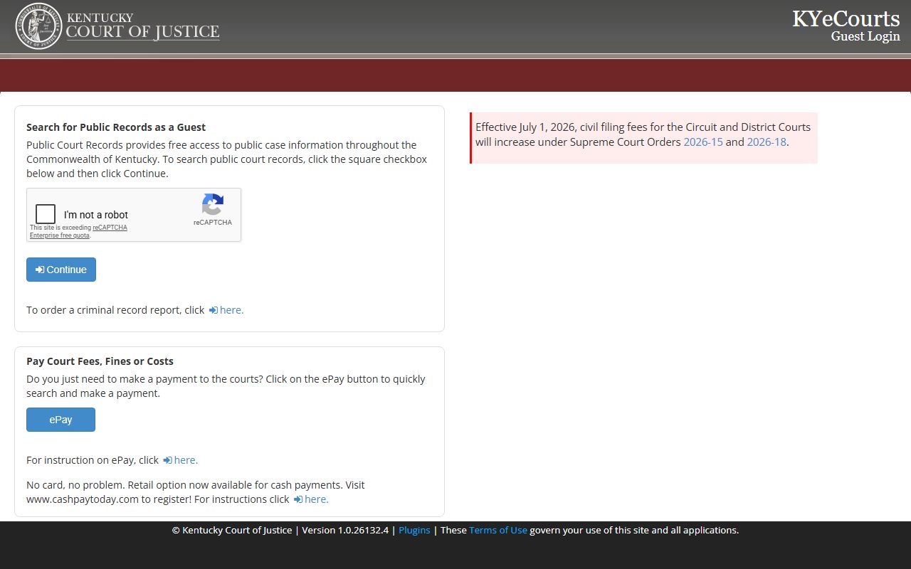 KYeCourts public records guest login for Kentucky court records