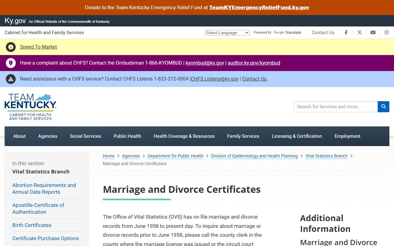 Kentucky marriage and divorce certificate information from CHFS