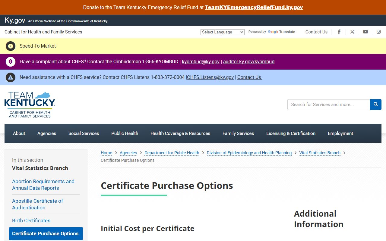 Kentucky vital records purchase options for certified certificates