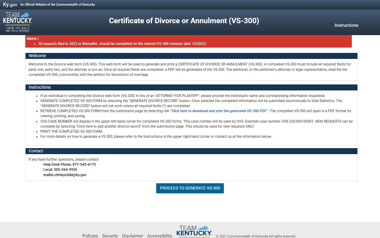 Kentucky VS-300 divorce certificate portal