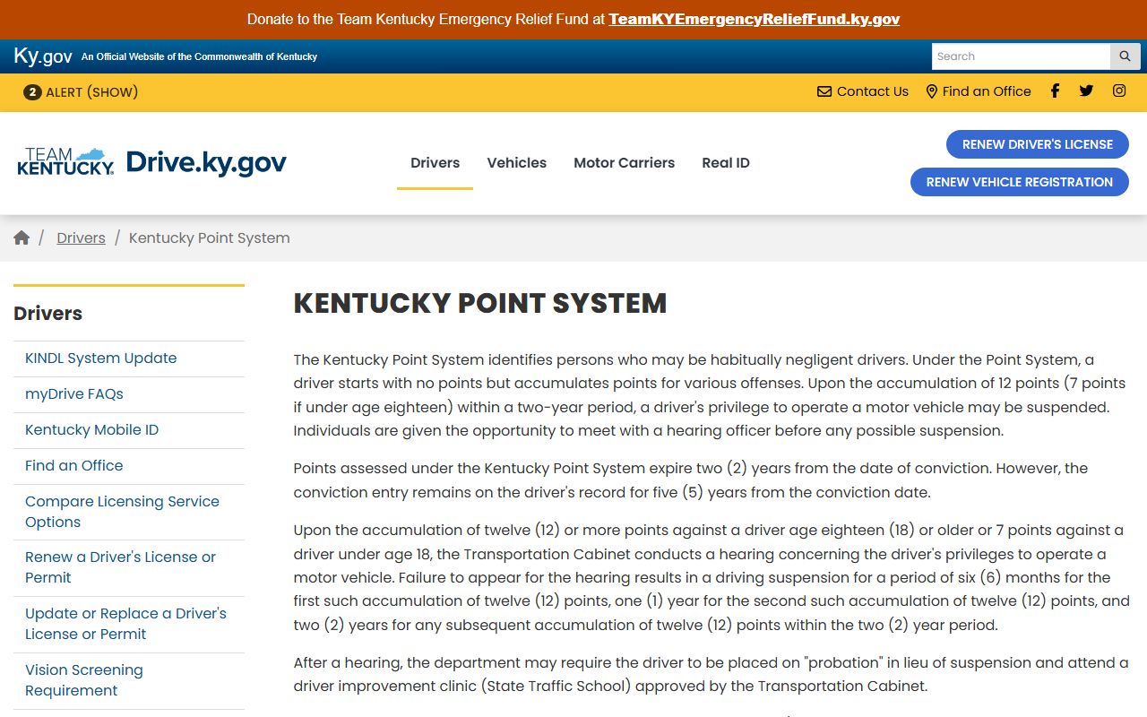 Kentucky driver point system information