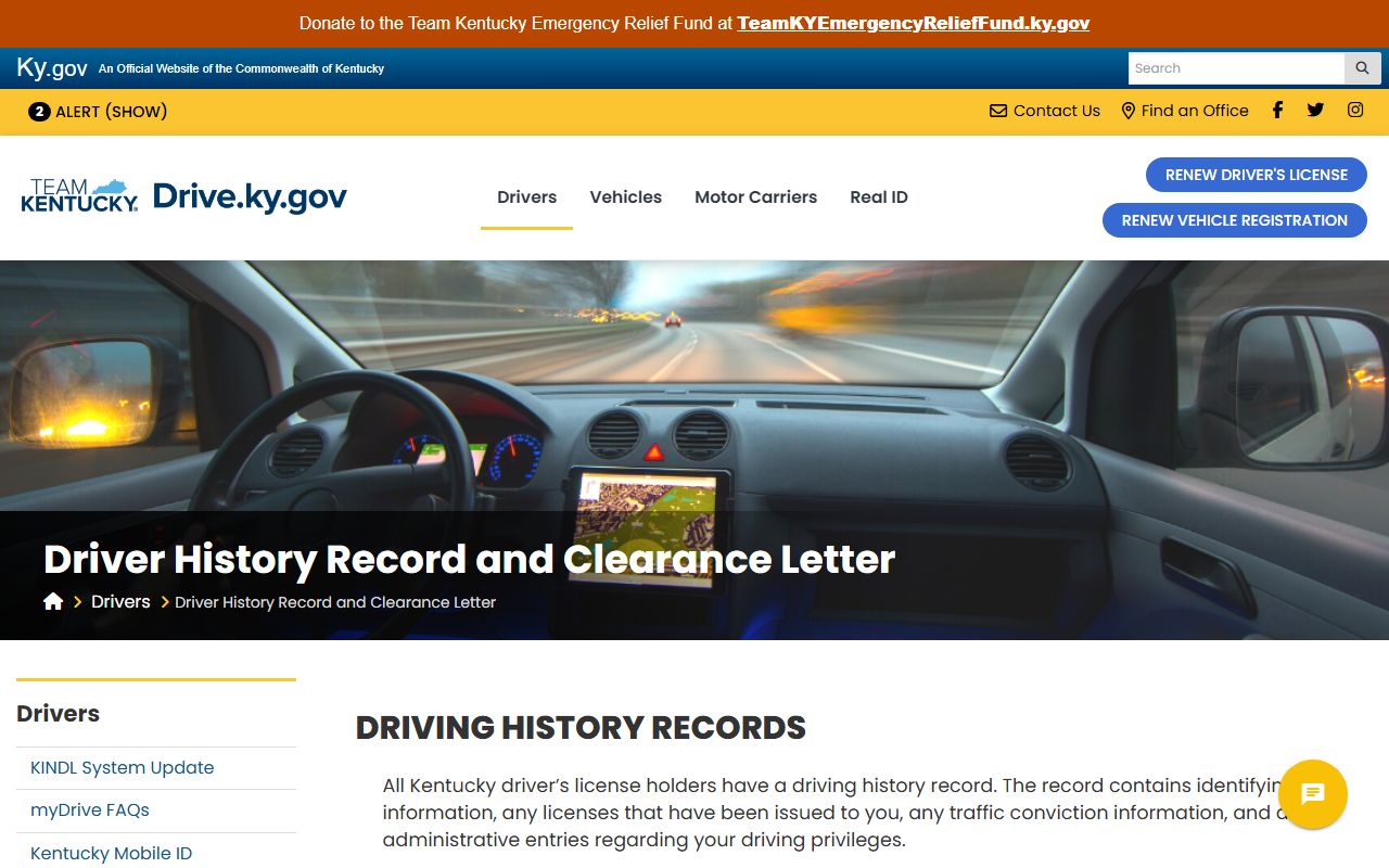 Kentucky Transportation Cabinet Driver History Record options